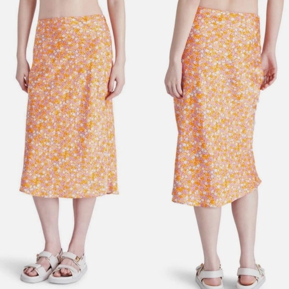NEW Steve Madden Mindy Midi Skirt Orange Blossom Floral Print Size Small NWT - Picture 2 of 10